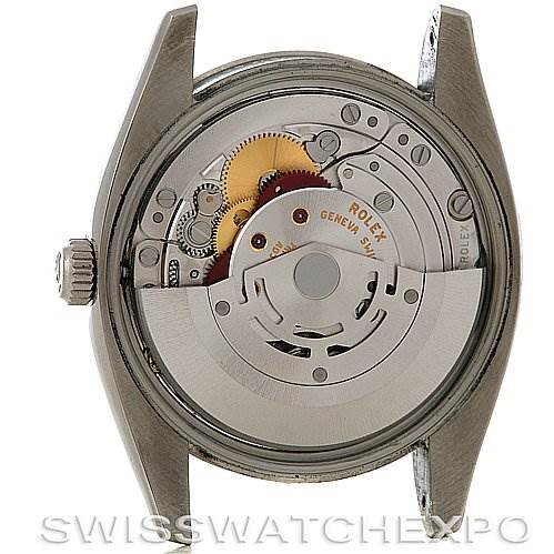 The image shows the back view of a Rolex Air-King 114200 Men's Stainless Steel White Dial 114200 Men's Stainless Steel White Dial watch with an exposed movement and rotor.