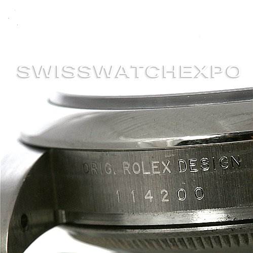 This image shows a close-up of the side of a Rolex Air-King 114200 Men's Stainless Steel White Dial 114200 Men's Stainless Steel White Dial watch case, featuring the model number "114200".