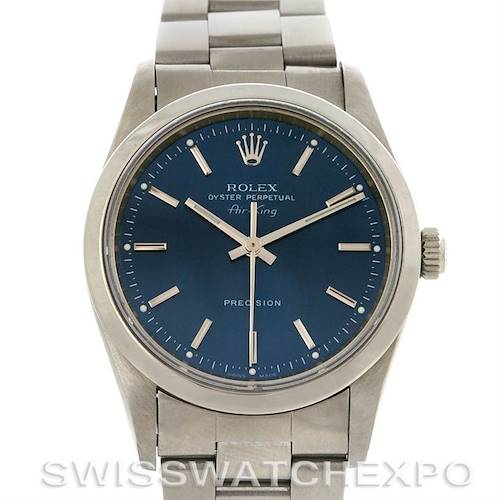 This image shows the face and part of the band of a Rolex Air-King 14000M Men's Stainless Steel Blue Dial 14000M Men's Stainless Steel Blue Dial watch, with a blue dial and silver hour markers.
