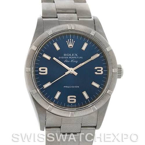 The image shows a front-facing view of the Rolex Air-King 14010 Men's Stainless Steel Blue Dial 14010 Men's Stainless Steel Blue Dial watch, displaying the dial, hour markers, hands, bezel, and part of the bracelet.