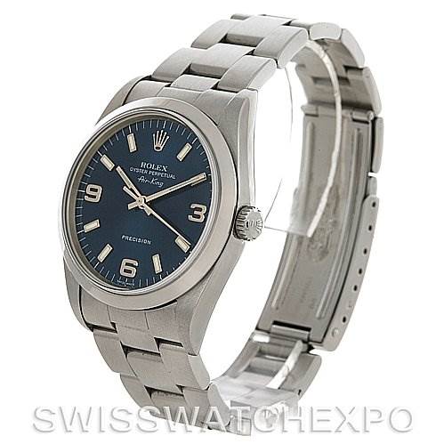 The image shows a Rolex Air-King 14000 Men's Stainless Steel Blue Dial 14000 Men's Stainless Steel Blue Dial watch at a slightly angled side view, displaying its dial, bracelet, crown, and clasp.