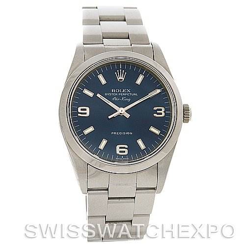 This image shows a Rolex Air-King 14000 Men's Stainless Steel Blue Dial 14000 Men's Stainless Steel Blue Dial watch viewed from the front, displaying its bracelet, case, and dial clearly.