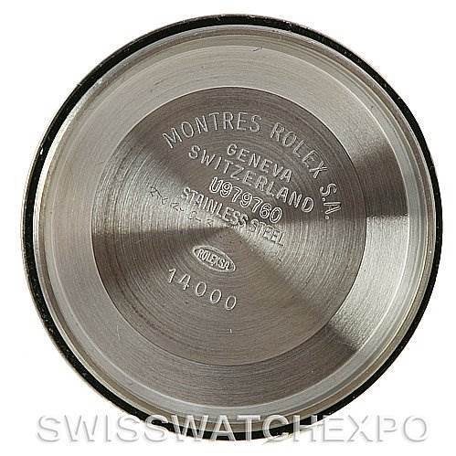 This image shows the inside case back of a Rolex Air-King 14000 Men's Stainless Steel Blue Dial 14000 Men's Stainless Steel Blue Dial watch, displaying model markings and specifications.