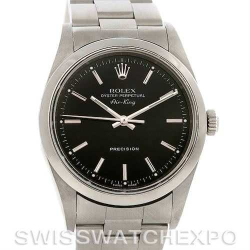 This image shows a front view of a Rolex Air-King 14000 Men's Stainless Steel Black Dial 14000 Men's Stainless Steel Black Dial watch, highlighting its black dial, stainless steel case, and bracelet.