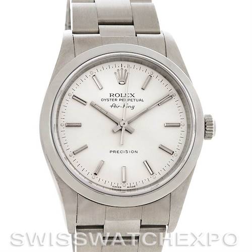 The image shows a Rolex Air-King 14000M Men's Stainless Steel Silver Dial 14000M Men's Stainless Steel Silver Dial watch from a straight-on angle, highlighting its dial, bezel, bracelet, and crown.