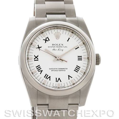 The image shows a front view of a Rolex Air-King 114200 Men's Stainless Steel White Dial 114200 Men's Stainless Steel White Dial watch, highlighting its dial, bezel, crown, and part of the bracelet.
