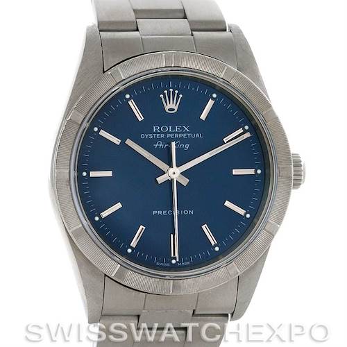 This image shows a front-facing view of a Rolex Air-King 14010 Men's Stainless Steel Blue Dial 14010 Men's Stainless Steel Blue Dial watch, highlighting the dial, bezel, crown, and part of the bracelet.