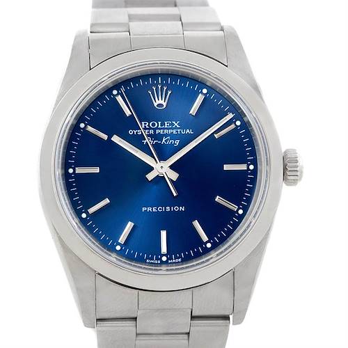 The image shows a front view of a Rolex Air-King 14000 Men's Stainless Steel Blue Dial 14000 Men's Stainless Steel Blue Dial watch featuring a blue dial with silver markers and hands, mounted on a stainless steel bracelet.