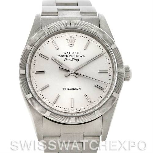 The image shows a Rolex Air-King 14010 Men's Stainless Steel Silver Dial 14010 Men's Stainless Steel Silver Dial model watch from a front angle, displaying its face, bezel, crown, and part of the bracelet.