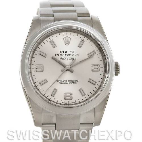 The image shows a front view of the Rolex Air-King 114200SASO Men's Stainless Steel Silver Dial 114200SASO Men's Stainless Steel Silver Dial watch, highlighting its dial, hands, and bracelet.
