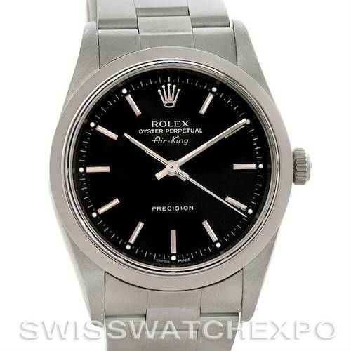 This image shows a frontal view of a Rolex Air-King 14000 Men's Stainless Steel Black Dial 14000 Men's Stainless Steel Black Dial watch, displaying its black dial, silver hands, and stainless steel bracelet.