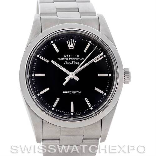 The image shows a front view of a Rolex Air-King 14000 Men's Stainless Steel Black Dial 14000 Men's Stainless Steel Black Dial watch, showcasing its face, bezel, crown, and bracelet.