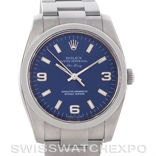This image shows a front view of the Rolex Air-King 114200 Men's Stainless Steel Blue Dial 114200 Men's Stainless Steel Blue Dial watch, highlighting its dial, bezel, hands, and bracelet.