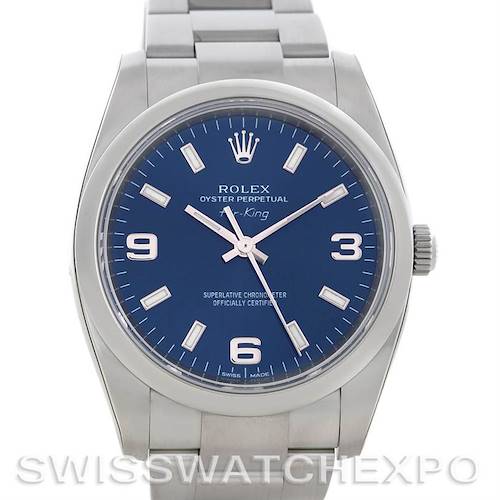 This image shows a front view of the Rolex Air-King 114200 Men's Stainless Steel Blue Dial 114200 Men's Stainless Steel Blue Dial watch, focusing on its blue dial, hands, and bracelet.