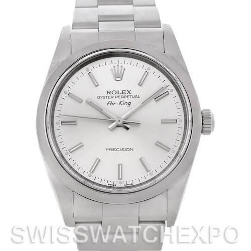 The image shows a front view of a Rolex Air-King 14000 Men's Stainless Steel Silver Dial 14000 Men's Stainless Steel Silver Dial watch, displaying the dial, hands, crown, and bracelet.