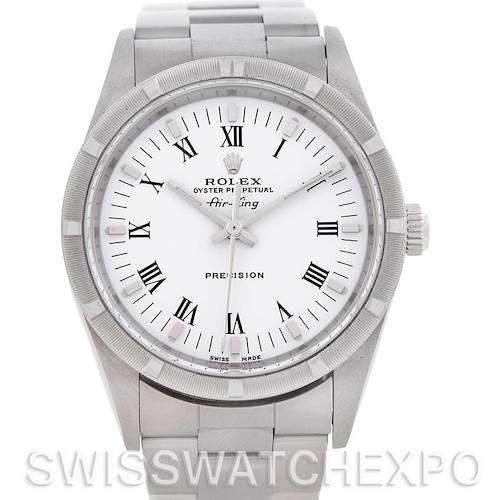 This image features a front view of the Rolex Air-King 14010 Men's Stainless Steel White Dial 14010 Men's Stainless Steel White Dial watch displaying its dial, bezel, and bracelet clearly.