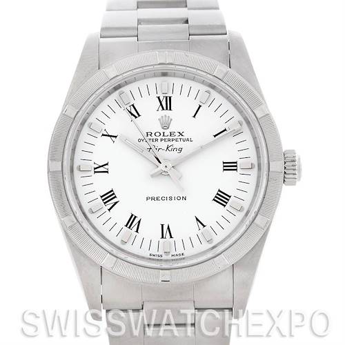 The image shows a front view of a Rolex Air-King 14010 Men's Stainless Steel White Dial 14010 Men's Stainless Steel White Dial watch, highlighting its dial, bezel, and part of the bracelet.