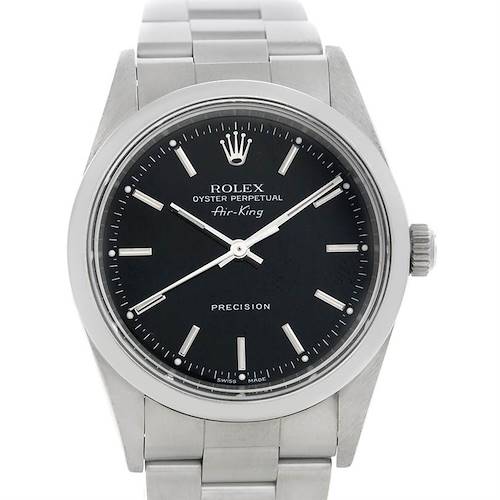 The Rolex Air-King 14000 Men's Stainless Steel Black Dial 14000 Men's Stainless Steel Black Dial watch is shown from a front-facing angle, displaying the dial, hour markers, hands, crown, and bracelet.