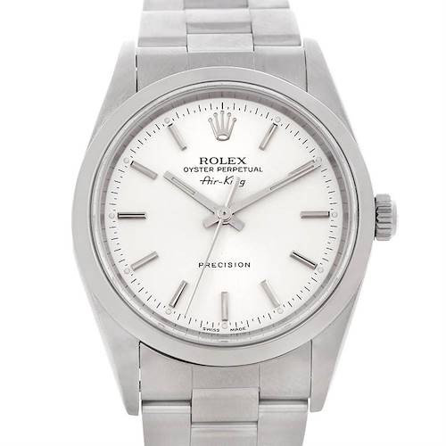 The image shows a front view of the Rolex Air-King 14000 Men's Stainless Steel Silver Dial 14000 Men's Stainless Steel Silver Dial watch displaying the face, hands, crown, and part of the stainless steel bracelet.