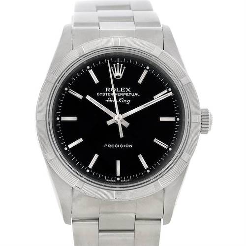 This image shows a front view of the Rolex Air-King 14010 Men's Stainless Steel Black Dial 14010 Men's Stainless Steel Black Dial watch, displaying its face, bezel, crown, and part of the bracelet.