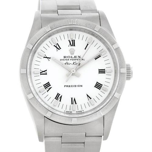 This image shows a Rolex Air-King 14010 Men's Stainless Steel White Dial 14010 Men's Stainless Steel White Dial watch from a front-view angle, highlighting the dial, bezel, and bracelet.