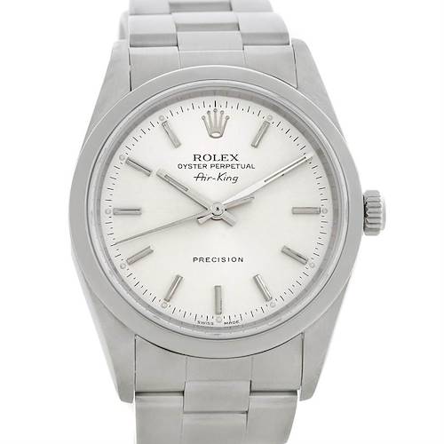 The image shows a front view of a Rolex Air-King 14000 Men's Stainless Steel Silver Dial 14000 Men's Stainless Steel Silver Dial watch, displaying the dial, hands, crown, and part of the bracelet.