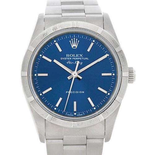 This Rolex Air-King 14010 Men's Stainless Steel Blue Dial 14010 Men's Stainless Steel Blue Dial watch is shown from the front, displaying the dial, bezel, case, and part of the bracelet.
