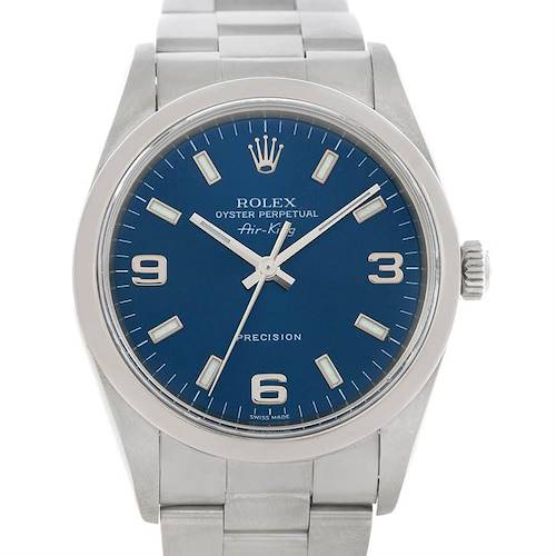 This image shows a front view of the Rolex Air-King 14000 Men's Stainless Steel Blue Dial 14000 Men's Stainless Steel Blue Dial watch, highlighting the dial, hands, and bracelet.