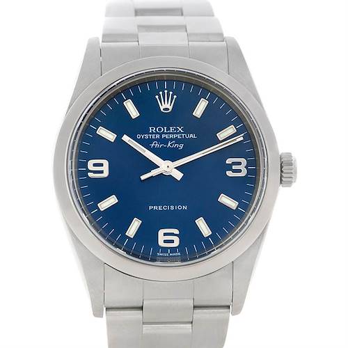 The image shows a front-facing view of the Rolex Air-King 14000 Men's Stainless Steel Blue Dial 14000 Men's Stainless Steel Blue Dial watch, including its dial, crown, and bracelet.