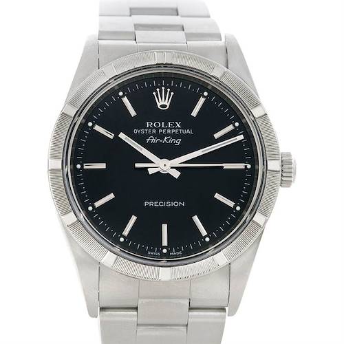 The Rolex Air-King 14010 Men's Stainless Steel Black Dial 14010 Men's Stainless Steel Black Dial watch is shown from a front angle displaying its dial, bezel, and part of the bracelet.