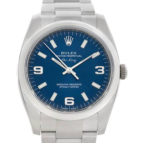 The image shows a front view of the Rolex Air-King 114200 Men's Stainless Steel Blue Dial 114200 Men's Stainless Steel Blue Dial watch, highlighting its blue dial, stainless steel case, and bracelet.