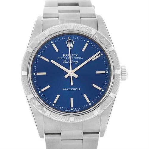 This image shows a front view of the Rolex Air-King 14010 Men's Stainless Steel Blue Dial 14010 Men's Stainless Steel Blue Dial watch, highlighting its blue dial, hour markers, hands, crown, and metal bracelet.