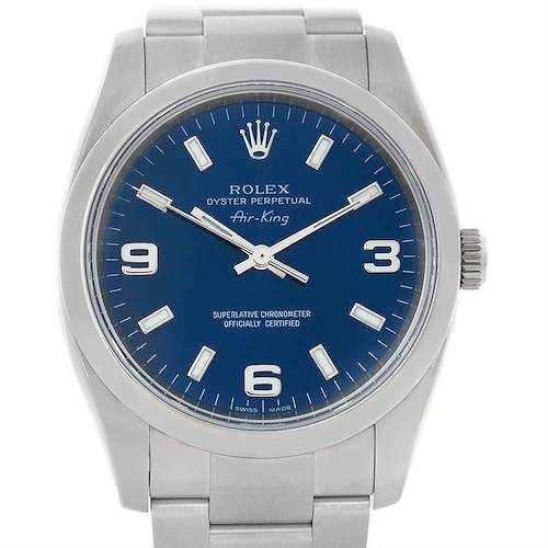 This image shows a frontal view of a Rolex Air-King 114200 Men's Stainless Steel Blue Dial 114200 Men's Stainless Steel Blue Dial watch, highlighting its blue dial, indices, and stainless steel bracelet.