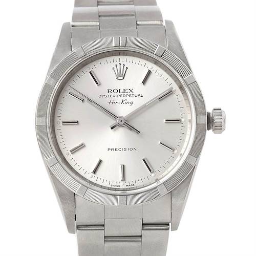 The Rolex Air-King 14010 Men's Stainless Steel Silver Dial 14010 Men's Stainless Steel Silver Dial watch is shown from the front, displaying its face, bezel, case, and bracelet.