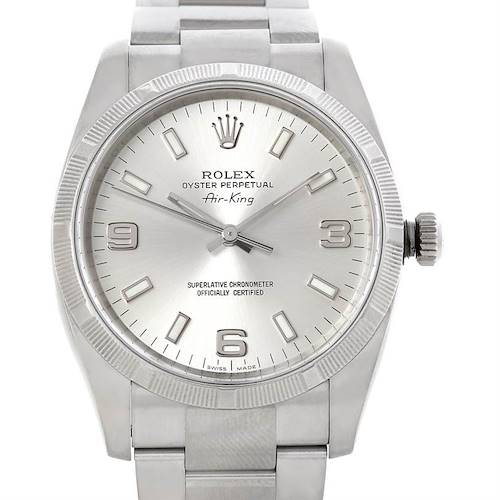 The image shows a front view of a Rolex Air-King 114210 Men's Stainless Steel Silver Dial 114210 Men's Stainless Steel Silver Dial watch, highlighting its dial, bezel, crown, and part of the bracelet.