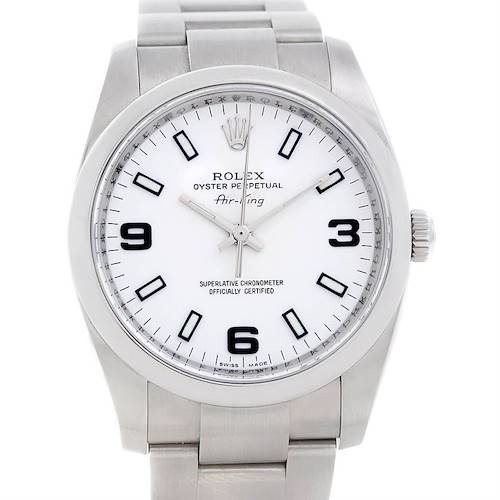 The image shows a front angle view of the Rolex Air-King 114200 Men's Stainless Steel White Dial 114200 Men's Stainless Steel White Dial watch, highlighting its white dial, silver hands, and stainless steel bracelet.