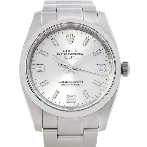 This image shows a front view of the Rolex Air-King 114200 Men's Stainless Steel Silver Dial 114200 Men's Stainless Steel Silver Dial watch, highlighting its dial, bezel, crown, and part of the bracelet.