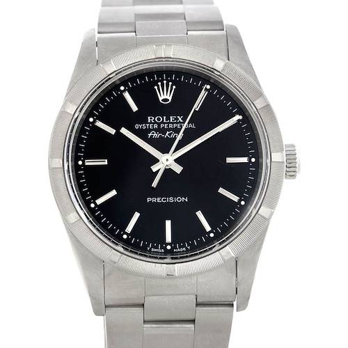 The image shows a front-facing angle of the Rolex Air-King 14010 Men's Stainless Steel Black Dial 14010 Men's Stainless Steel Black Dial watch, displaying its black dial, silver hands, crown, and bracelet.