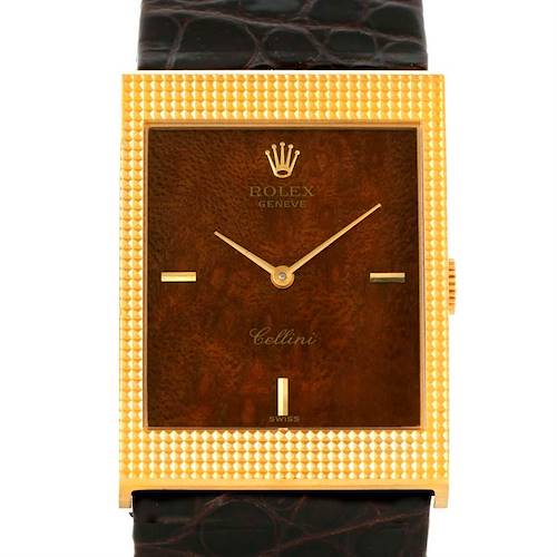 This image shows a front view of a Rolex Cellini 4127 Men's Yellow Gold Brown Dial 4127 Men's Yellow Gold Brown Dial watch, highlighting its dial, hands, case, and leather strap.