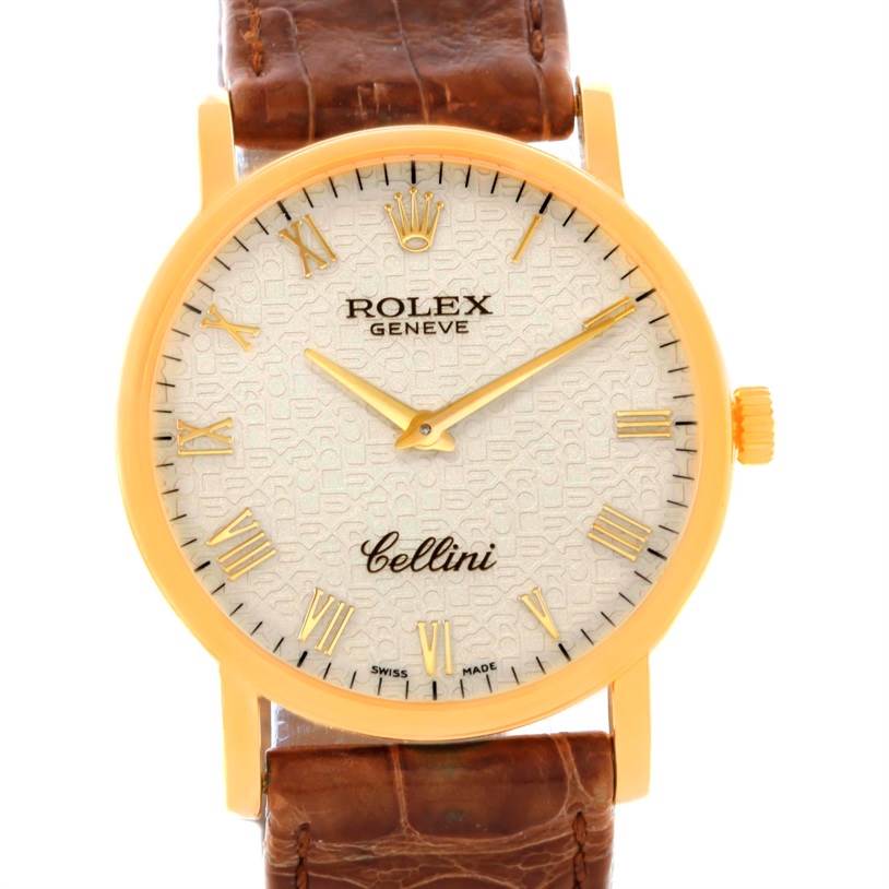 The image shows a frontal view of the Rolex Cellini 5115 Men's Yellow Gold Beige Dial 5115 Men's Yellow Gold Beige Dial watch, displaying its dial, hands, case, and leather strap.