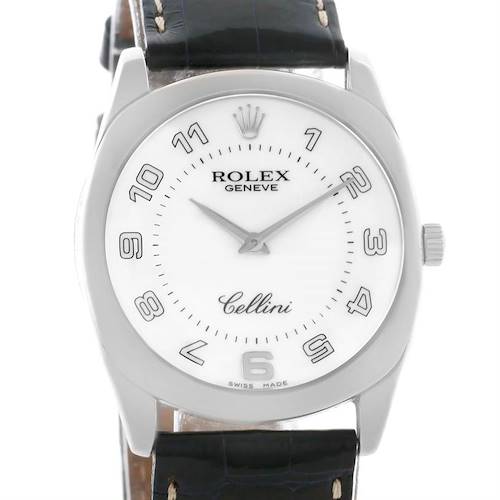 This image shows a front view of a Rolex Cellini 4233 Men's White Gold White Dial 4233 Men's White Gold White Dial watch, displaying the dial, hands, crown, and part of the leather strap.