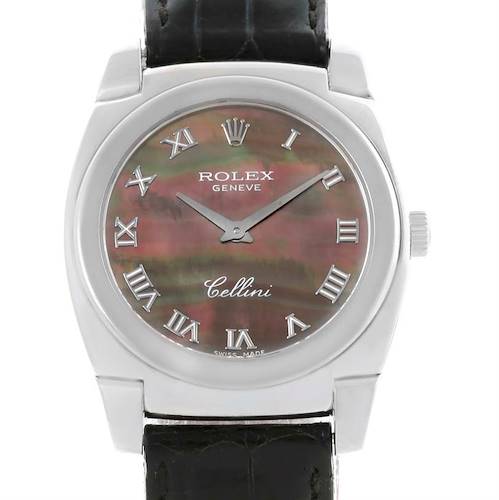 The image shows a close-up, front view of a Rolex Cellini 5320 Men's White Gold Mother of Pearl Dial 5320 Men's White Gold Mother of Pearl Dial watch, highlighting the dial, Roman numerals, and leather strap.