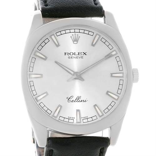 This image shows a front view of the Rolex Cellini 4243 Men's White Gold Silver Dial 4243 Men's White Gold Silver Dial watch, featuring the dial, hands, markers, case, crown, and part of the black leather strap.