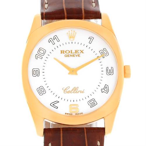 This image shows a front view of a Rolex Cellini 4233 Men's Yellow Gold White Dial 4233 Men's Yellow Gold White Dial watch with a white dial, rose gold case, and brown leather strap.