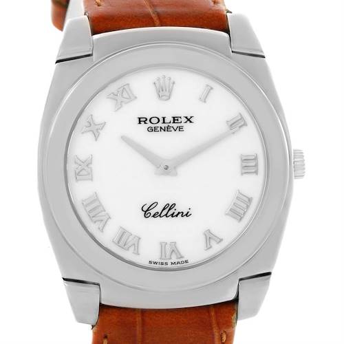 This image shows a front view of a Rolex Cellini 5330 Men's White Gold White Dial 5330 Men's White Gold White Dial watch with a white dial, silver Roman numerals, and a brown leather strap.
