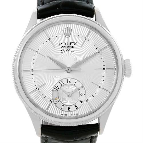 The image shows a front, close-up view of the Rolex Cellini 50529 Men's White Gold Silver Dial 50529 Men's White Gold Silver Dial watch, highlighting its dial, hands, subdial, and leather strap.