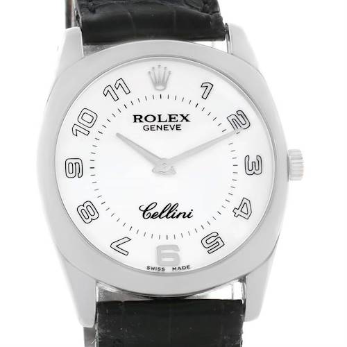 The image shows a Rolex Cellini 4233 Men's White Gold White Dial 4233 Men's White Gold White Dial watch's face, bezel, crown, and part of the black leather strap from a front angle.