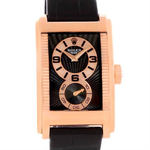 The image shows a frontal view of the Rolex Cellini 5442 Men's Rose Gold Black Dial 5442 Men's Rose Gold Black Dial watch, displaying its rectangular dial, crown, and black strap.