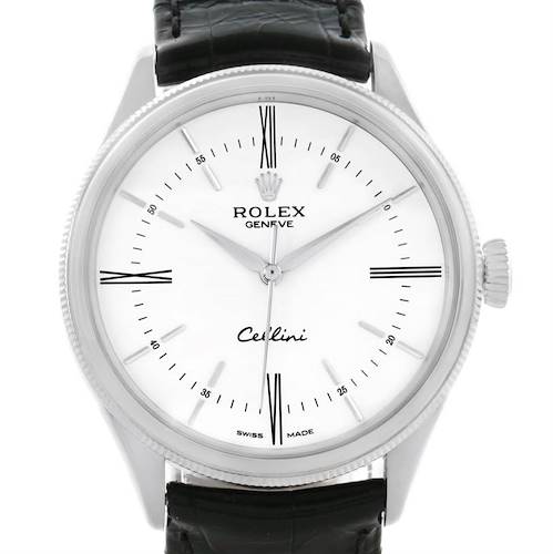 The image shows a front view of a Rolex Cellini 50509 Men's White Gold White Dial 50509 Men's White Gold White Dial model, displaying its dial face, hands, crown, and part of the strap.