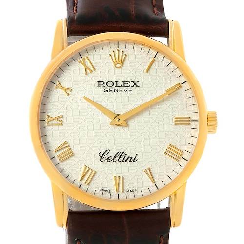 The image shows a front view of a Rolex Cellini 5116 Men's Yellow Gold Beige Dial 5116 Men's Yellow Gold Beige Dial watch, highlighting the dial, hands, case, and part of the leather strap.